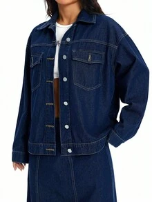 SHEIN ICON 大尺碼女款牛仔風藍色無彈力長袖夾克，春季 - 深色水洗藍 - 查看 7