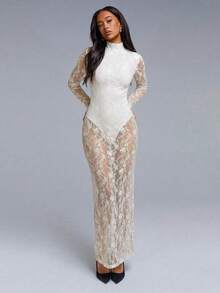 Athîral 女士优雅性感透视蕾丝露背连衣裙 - 奶油色 - 查看 3