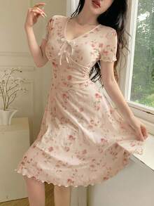 Feyla Đầm ngắn tay ngắn cổ chữ V in hoa, trang trí nơ, thời trang dành cho nữ. - Nhiều màu - Xem 5