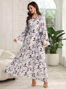 SHEIN Najma Đầm dài tay kiểu Ả Rập thanh lịch, phối màu tương phản, chất liệu ruy băng và lưới, thắt eo, dành cho nữ. - Màu tím - Xem 5