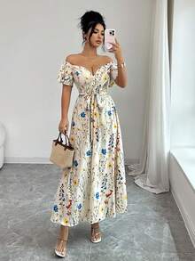 SHEIN Elenzya Damen Kleid in Standardgröße, Off-Shoulder, gerafftem rückenfreiem Design mit kleinem Blumenmuster, elegantes Midi-Kleid - Verschiedenfarbig - Übersicht 7
