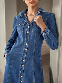 Selenza Women's Fashion Front Button Denim Dress, Suitable For Commuting - Dark Wash - View 7