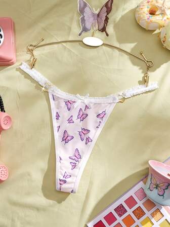 Eraneu Bragas tipo tanga con estampado de mariposa y decoración de lazo para mujer