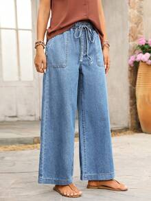EMERY ROSE Women's Drawstring Waist Pockets Casual Versatile Daily Wear Wide Leg Jeans - Medium Wash - View 6