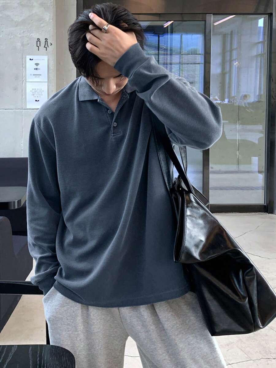 DAZY 男士休闲百搭长袖蓝色Polo衫，春季 - 藍色 - 查看 1