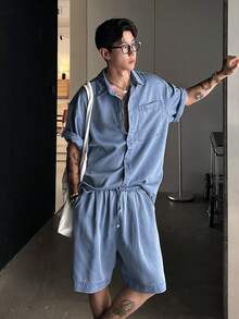 DAZY Set Kemeja Pria Warna Biru Polos Gaya Vintage, Musim Panas - Biru - View 3
