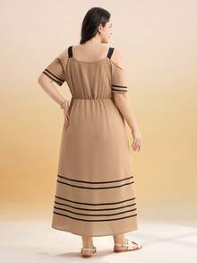 Momelise Plus Size Women's Elegant Summer Dress,Black Color Block Panel Off-Shoulder Short Sleeve,Smart Casual,Everyday Earth Tone Modest Party Long Dress - Khaki - View 3