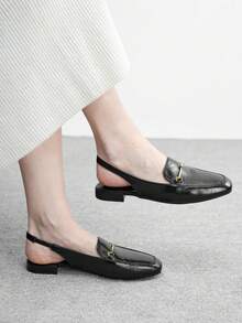 CUCCOO BIZCHIC Women's Square Toe Flat Low Heel Black British Style Comfortable Commute Versatile Backless Mule Flats - Oily black - View 2