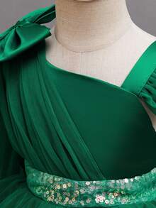 女宝宝拖尾礼服，一周岁生日庆祝派对礼服 - 墨綠色 - 查看 3