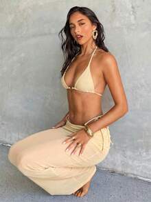 Aloruh 女士三件套比基尼，性感优雅浪漫杏色金属装饰迷你三角罩杯挂脖上衣、迷你丁字裤和超长纱笼罩衫，度假/海滩装扮 - 杏色 - 查看 6