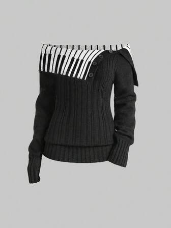 Maglione da donna in stile Y2K, girly, con scollo a spalle scoperte, motivo jacquard a pianoforte, colletto alla coreana, vita stretta, lavorazione a trecce