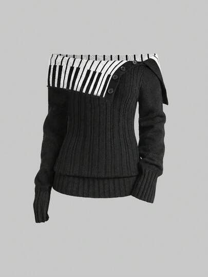 Maglione da donna in stile Y2K, girly, con scollo a spalle scoperte, motivo jacquard a pianoforte, colletto alla coreana, vita stretta, lavorazione a trecce