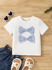 SHEIN Camiseta casual feminina de gola redonda com laço 3D em patchwork de cor sólida e contraste. - Branco - Ver 6