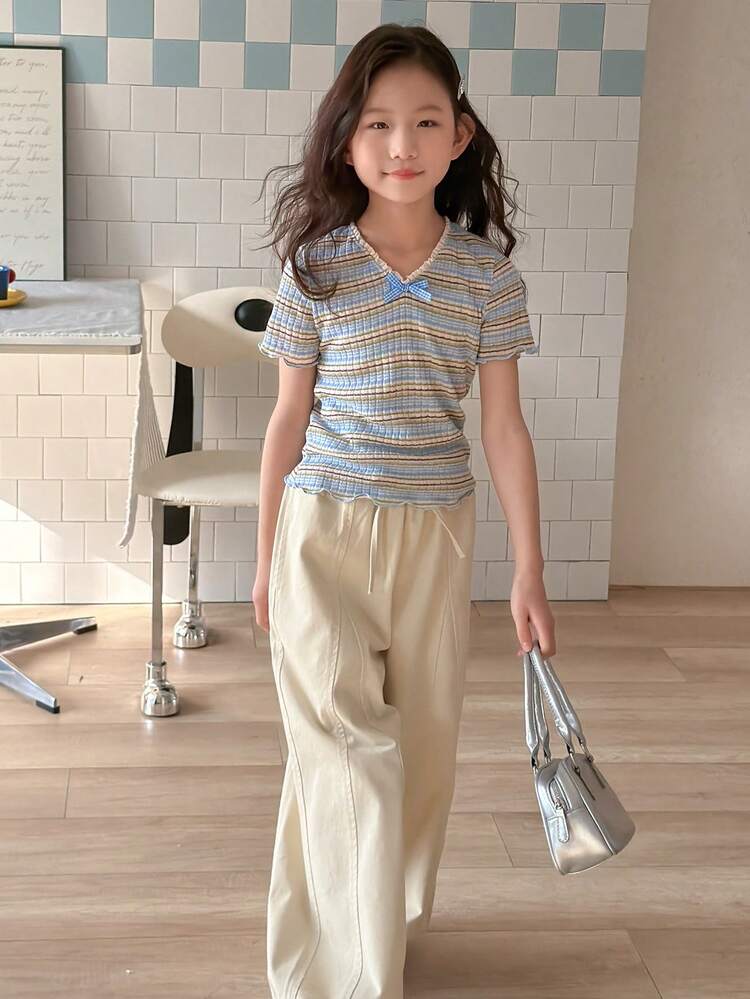 Tween Girl Striped Ruffle Trim Bow Decor Casual Versatile Daily Wear Short Sleeve T-Shirt Spring