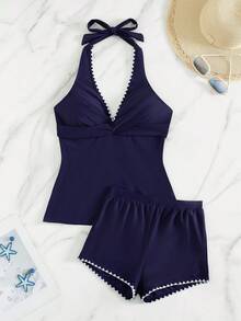 Swim Lushoire 女士纯色两件套吊带比基尼套装，正面交叉设计，舒适透气，适合夏季海滩度假。藏蓝色挂脖式坦克背心泳衣，女士泳装套装，沙滩装两件套泳衣，坦克背心配短裤，藏蓝色泳衣。 - 藏蓝色 - 查看 7