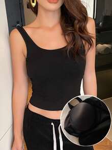 DAZY Women's Minimalist Camisole Top With Built-In Padded Bra And Letter Woven Label Decor, Backless Design