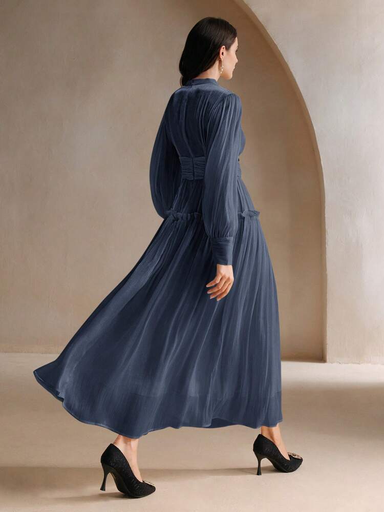 Elegant Lantern Sleeve High Neck Long Dress For Women Lantern Sleeve Dress Blue Silk Dress Pleated Dresses For Women
