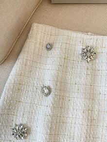 GlowEve Shiny Tweed Rhinestone Embellished A-Line Short Skirt For Women - White - View 5