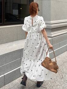 FRIFUL 女士夏季休闲刺绣荷叶边泡泡袖连衣裙/太阳裙 - 白色 - 查看 3