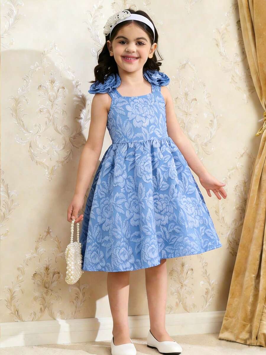 Young Girl Elegant Party Jacquard 3D Floral Decor Dress - Blue - View 1