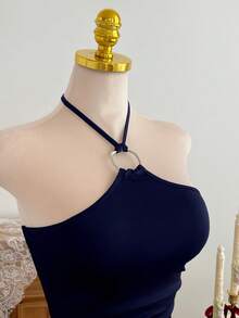 Elamini Women's Metal Ring Decor Halter Mini Dress - Navy Blue - View 6