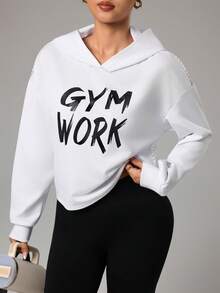 Dewbera Sudadera con capucha de manga larga y hombros caídos con estampado de letras para mujer - Blanco - Ver 3