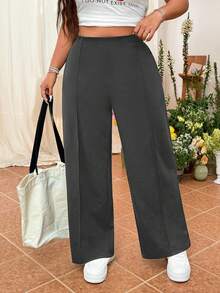 Solflare Women Plus Size Solid Gray Minimalist Straight Leg Office Pants, Suitable For Graduation, Back To School, Teacher In Fall/Winter - Dark Grey - View 8