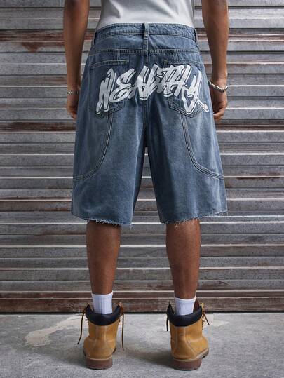 AXEPEAK Men's Washed Printed Shorts, Fashionable Casual Bermuda Shorts Graphic Shorts Denim Graphic Baggy Jeans Shorts With Vintage Written On Them For Men Men Denim Shorts Mens Baggy Denim Shorts Graphic Denim Shorts