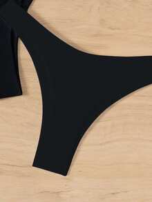 SHEIN Swim 两件套纯色比基尼泳裤套装，度假/海滩 - 黑色 - 查看 4