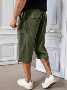 Manfinity Homme Quần short cargo nam cỡ lớn, kiểu dáng thường ngày, màu trơn, có nắp và túi hộp, thích hợp cho mùa hè. - xanh quân đội - Xem 2