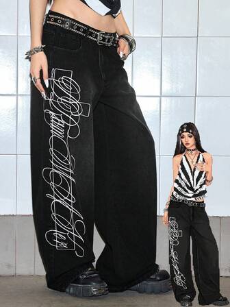 Grunge Punk Jeans casual larghi con stampa a lettere e tasche per donna