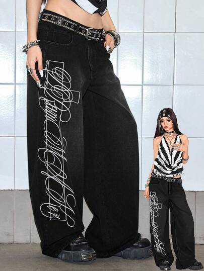 Grunge Punk Jeans anchos y sueltos de mujer con bolsillo y estampado de letras