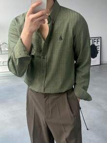 DAZY Slim Fit Embroidered Pattern Military Green Casual Shirt For Men, Spring/Autumn - Army Green - View 5