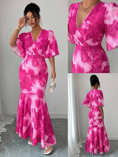 Elenzga Vestido maxi de manga abullonada con cuello en V, estampado floral efecto tie-dye, elegante estilo francés para vacaciones y sesiones de fotos