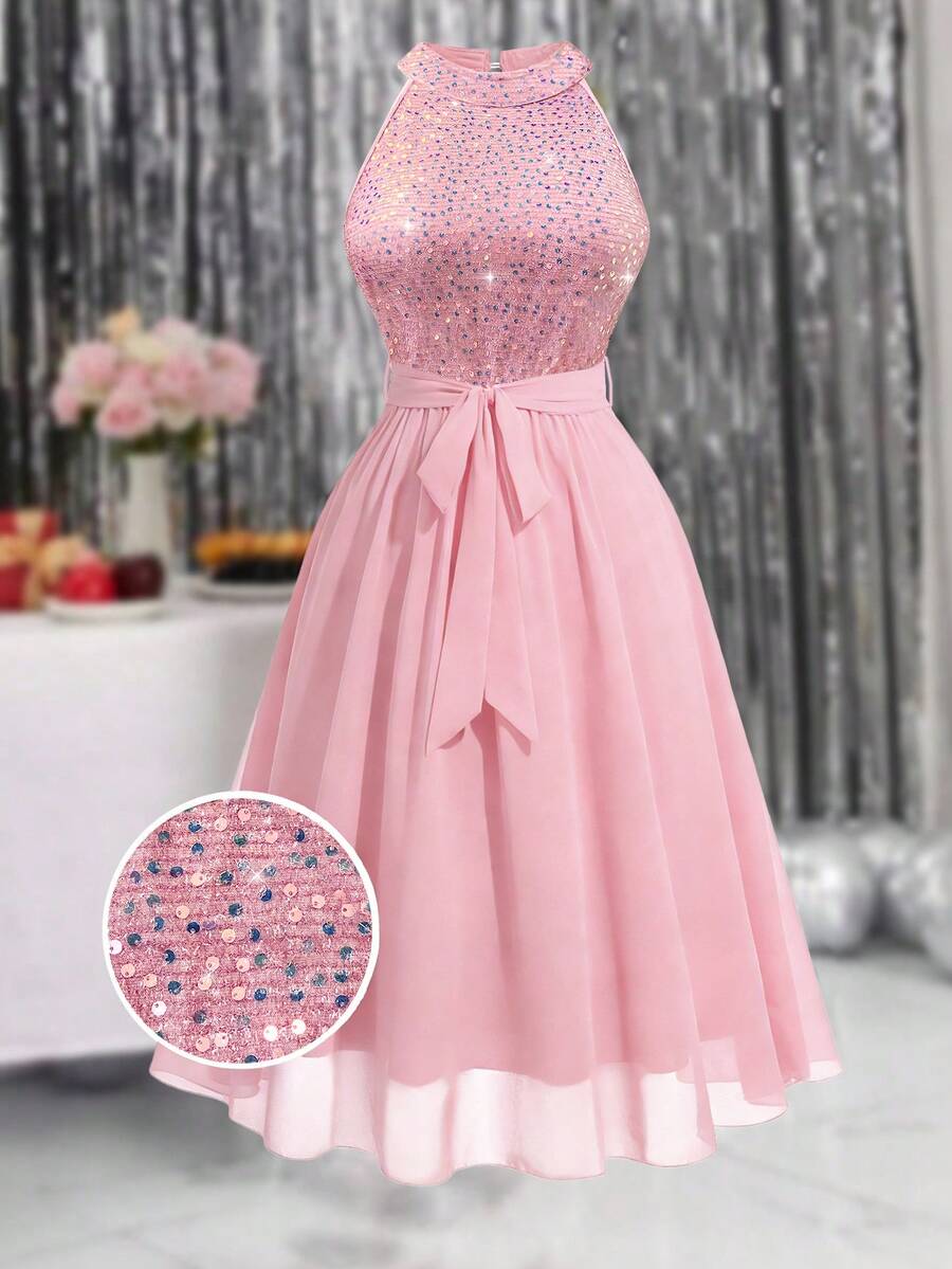 DreamSkyne 大码女式无袖拼接亮片装饰优雅连衣裙长款女装 - 彩色 - 查看 1