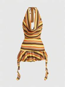 ROMWE Đầm ngắn gợi cảm cổ yếm hở lưng, họa tiết sóng Xiêm hình học dệt kim jacquard, kiểu dáng cổ điển. - Nhiều màu - Xem 1