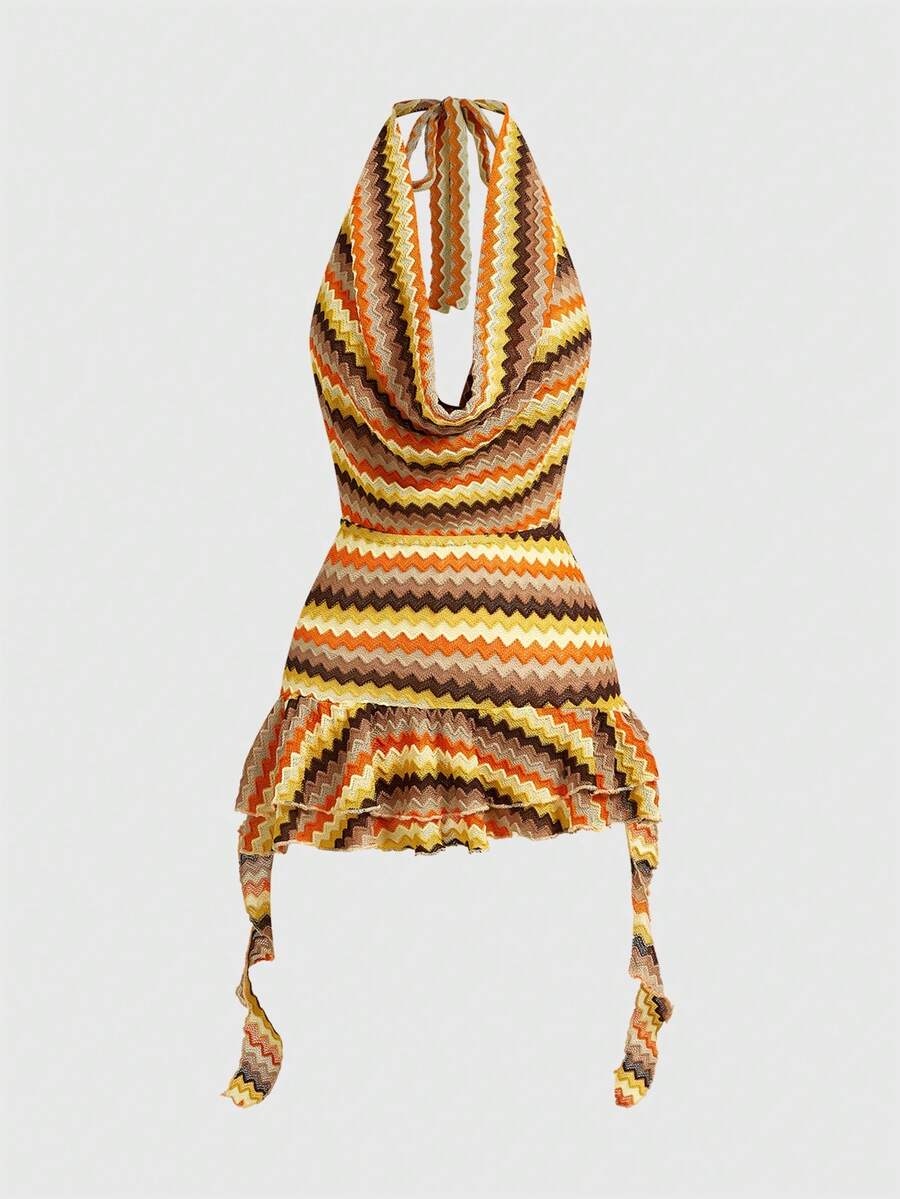 ROMWE Đầm ngắn gợi cảm cổ yếm hở lưng, họa tiết sóng Xiêm hình học dệt kim jacquard, kiểu dáng cổ điển. - Nhiều màu - Xem 1