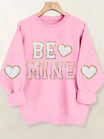 EMERY ROSE Women's Casual Everyday Commute Sequin Letter Heart Print Dropped Shoulder Loose Warm Fleece Crew Neck Sweatshirt, Autumn/Winter