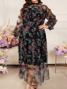 Modelyn 大码女式优雅印花长款网纱连衣裙，春秋季 - 黑色 - 查看 7