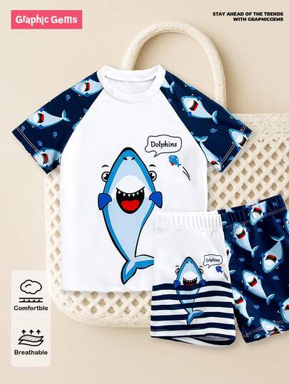 SHEIN GraphicGems 少年男孩卡通鯊魚泳裝