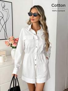 Easowa Women's All White Jumpsuit,Autumn Casual Occasion Lapel Slant Pocket Button Front Shirt-Style Loose Elegant Commuter Vintage Long Sleeve Romper - White - View 7