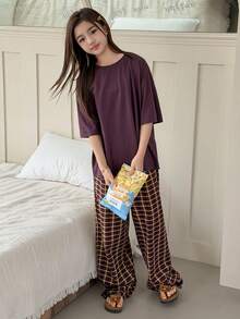 DAZY Conjunto de pijama para niña preadolescente con top de cuello redondo y hombros caídos de unicolor y pantalones a cuadros para primavera - Multicolor - Ver 3