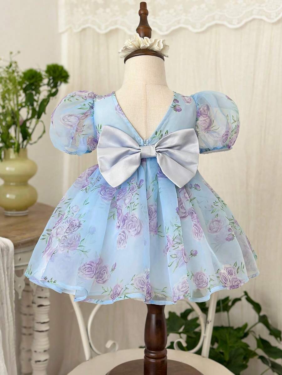 SHEIN 女婴雪纺碎花圆领泡泡袖休闲连衣裙 - 彩色 - 查看 1