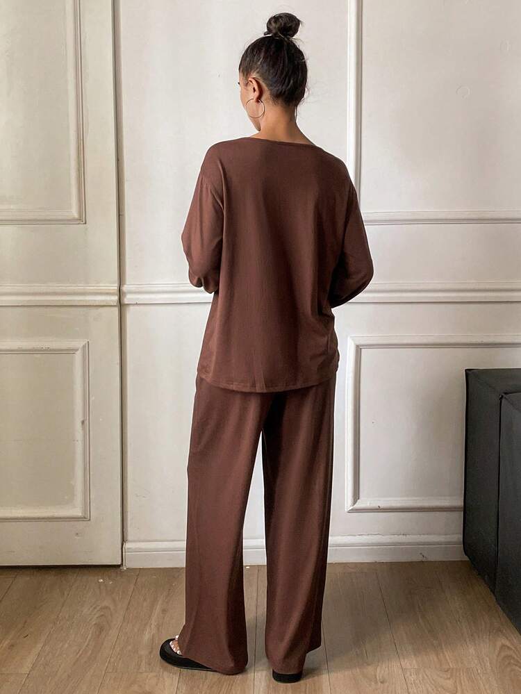Mushroom Lace Trim Lantern Sleeve Loose Women Pajama Set