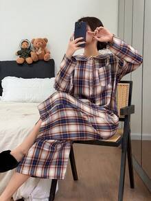 DAZY Peter Pan Collar Plaid Loose Women's Pajama Jumpsuit