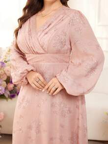 Modelyn Plus Size Women Floral Embroidery Elegant Cinched Waist Casual Dress Embroidered Elegant Dress - Dusty Pink - View 3