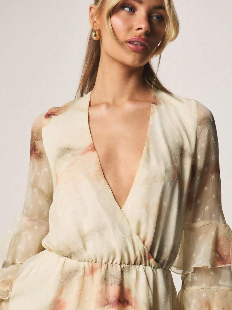 MISSGUIDED Floral Printed V-Neck Long Sleeve Mini Wrap Dress With Layered Ruffle Sleeves For Party Occasions