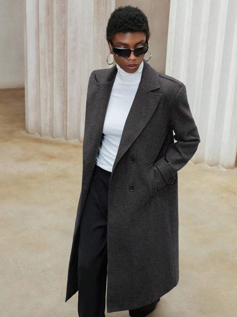 Aveloria Modichic 女士翻领双排扣羊毛大衣 - 深灰色 - 查看 1