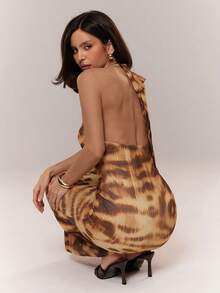 Aloruh 女士性感垂褶领动物纹连衣裙，波西米亚风度假连衣裙 - 棕色 - 查看 3