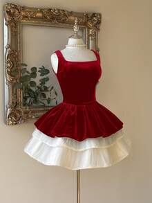 Lovelzi 优雅奢华性感露肩天鹅绒层叠美人鱼修身迷你连衣裙，适合晚宴、展览、商务活动及其他场合。 - 紅色 - 查看 4